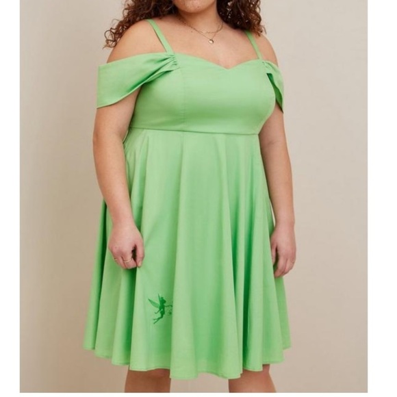 TORRID NWT DISNEY TINKERBELL STRETCH POPLIN OFF SHOULDER DRESS HALLOWEEN COSTUME - Picture 3 of 6